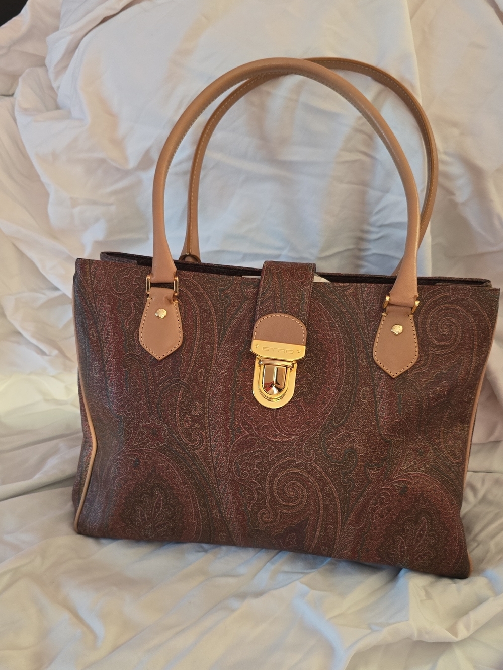 Like New Vintage Etro Brown Paisley Tote Handbag with Tan Handles